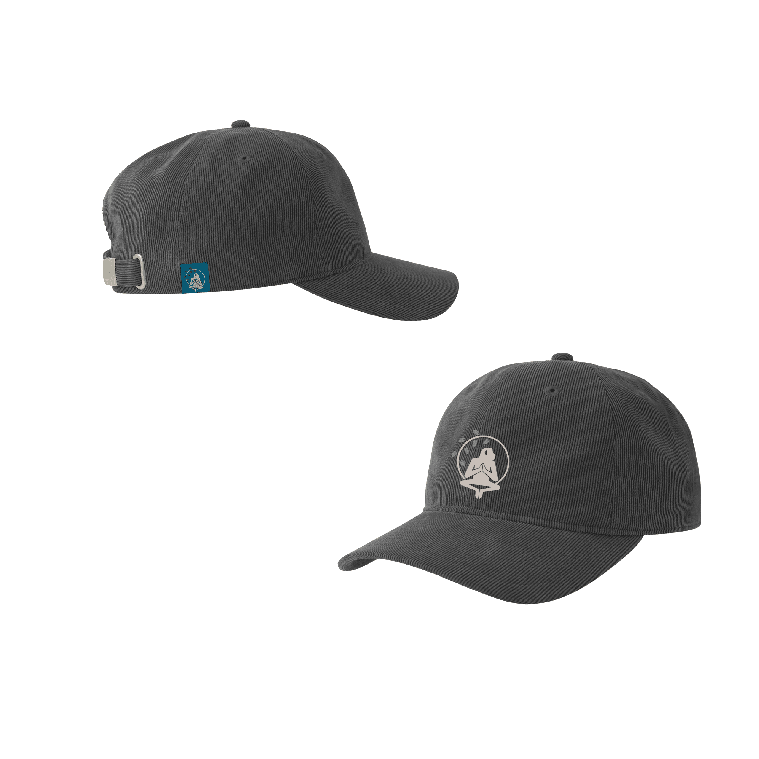 Gorra Highlands de material reciclado en pana gris oscuro, vistas de perfil y frontal con logo Flow Mico bordado