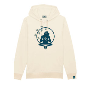 Sudadera Natural Zen de Flow Mico en color crudo con logo Flow Mico en postura de meditación en el pecho