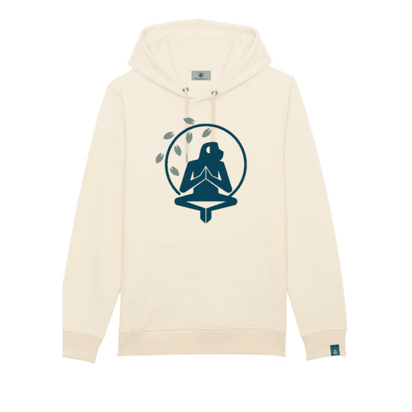 sudadera-natural-zen-cruda-frontal Sudadera Natural Zen de Flow Mico en color crudo con logo Flow Mico en postura de meditación en el pecho