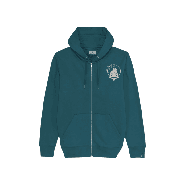 sudadera-balance-haven-azul-petroleo-frontal Sudadera Balance Haven de Flow Mico con cremallera en azul petróleo con logo Flow Mico bordado en pecho izquierdo