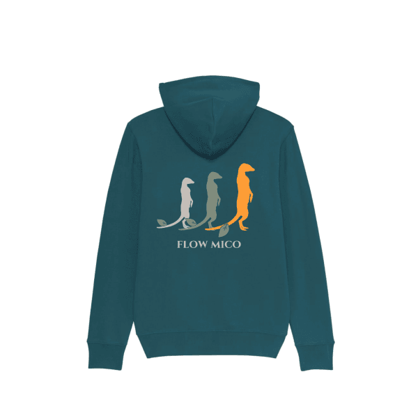 sudadera-balance-haven-azul-petroleo-trasera Vista trasera de la Sudadera Balance Haven en azul petróleo con ilustración de tres suricatos en blanco, gris y naranja y texto Flow Mico