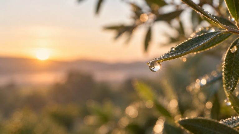 Detalle de una gota de rocío sobre una hoja verde con luz dorada del amanecer, imagen de calma de Flow Mico
