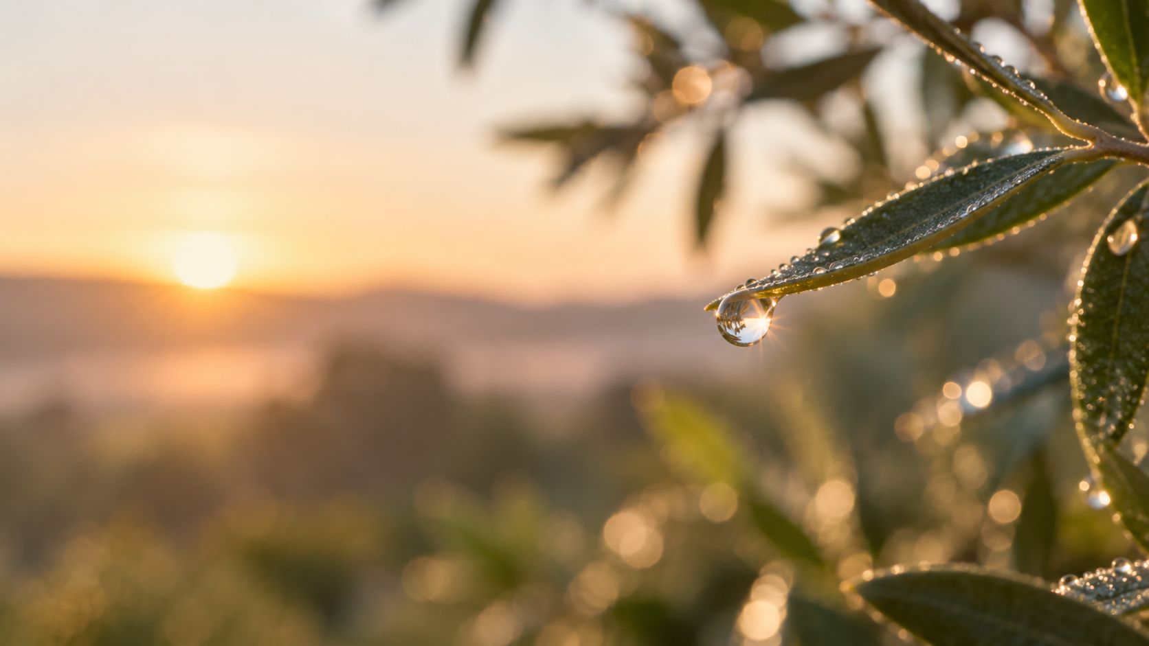 Detalle de una gota de rocío sobre una hoja verde con luz dorada del amanecer, imagen de calma de Flow Mico