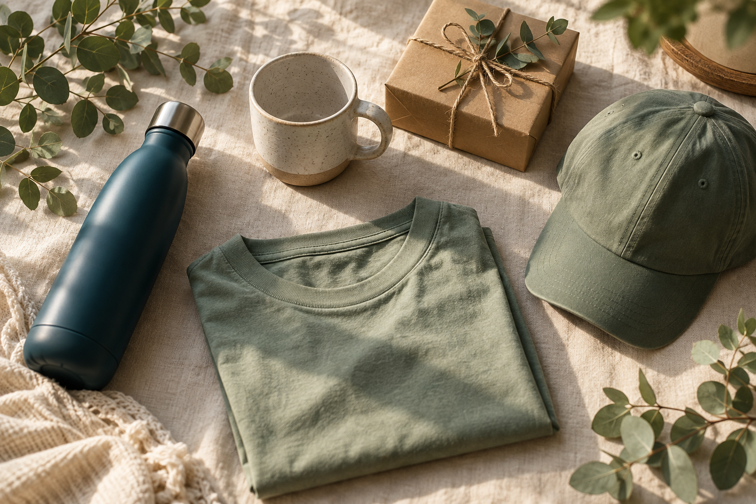 Regalos sostenibles de Flow Mico: botella térmica, taza artesanal, camiseta de algodón orgánico y gorra sobre lino natural