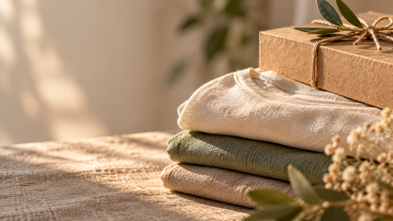 Prendas de algodón natural dobladas junto a packaging de papel kraft reciclado, zero waste en moda de Flow Mico